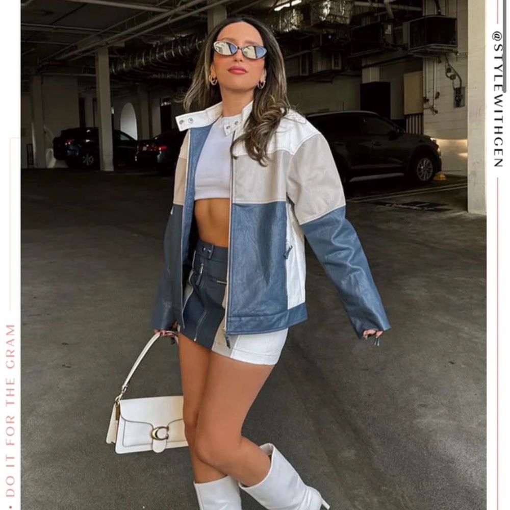 Blue and white moto jacket.